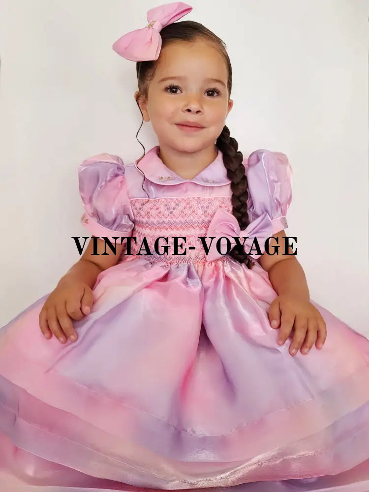 New🦄Rainbow 💜💖Luxury Pink&Lilac Organza Hand-Smocked Dress & Bows🎀🎀 Baby Toddler Dresses