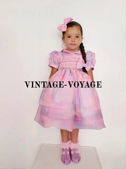 New🦄Rainbow 💜💖Luxury Pink&Lilac Organza Hand-Smocked Dress & Bows🎀🎀 Baby Toddler Dresses