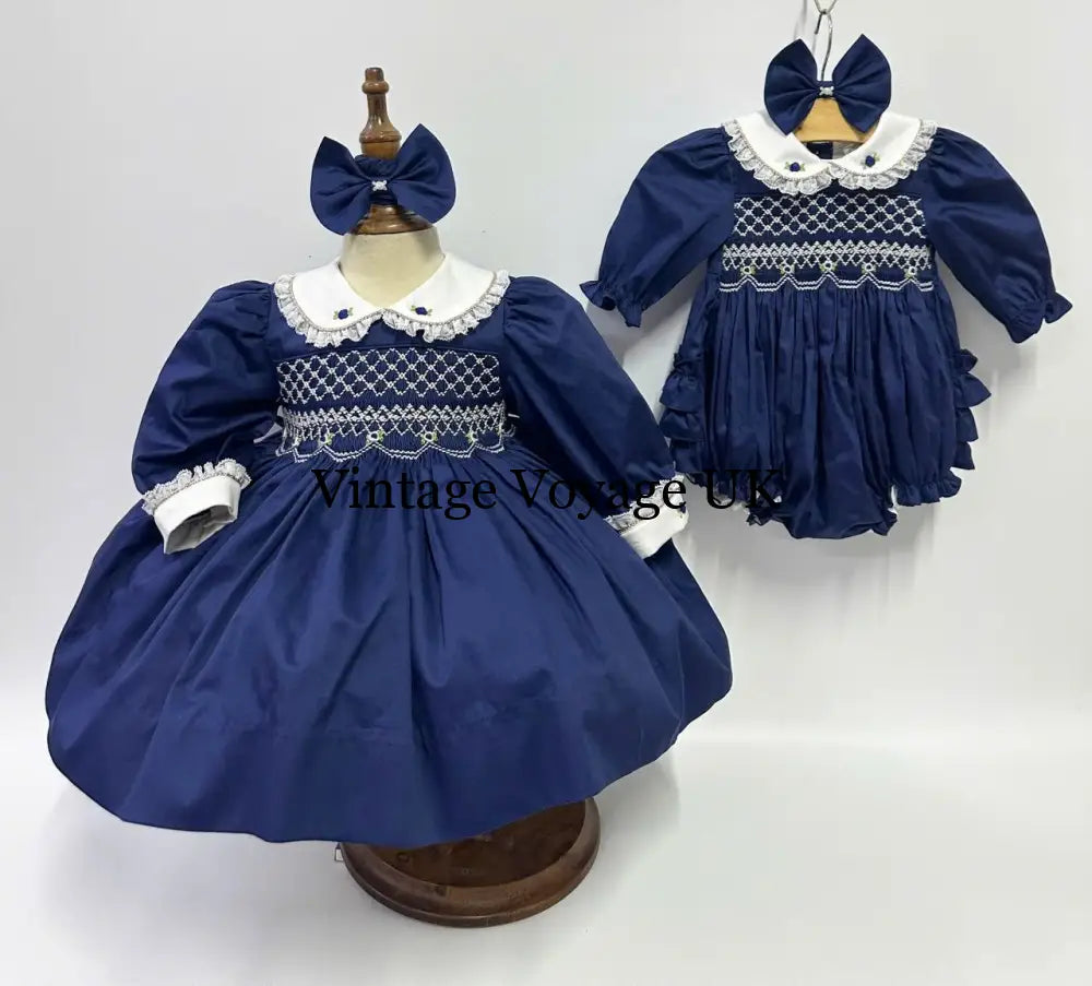 PRE-ORDER & GET IT NEXT WEEK! NEW! REBECCA NAVY BLUE HAND-SMOCKED DRESS & BOWS Baby & Toddler Dresses