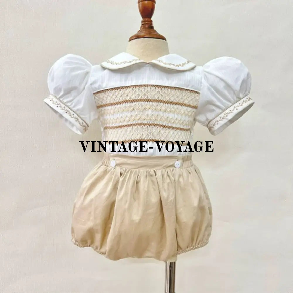 Pre-Order Now & Get It Next Week!👼Roman 👑Beige Baby Boys Hand-Smocked Romper/Suit 3M Buster Suit