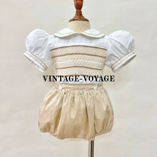 Pre-Order Now & Get It Next Week!👼Roman 👑Beige Baby Boys Hand-Smocked Romper/Suit 3M Buster Suit