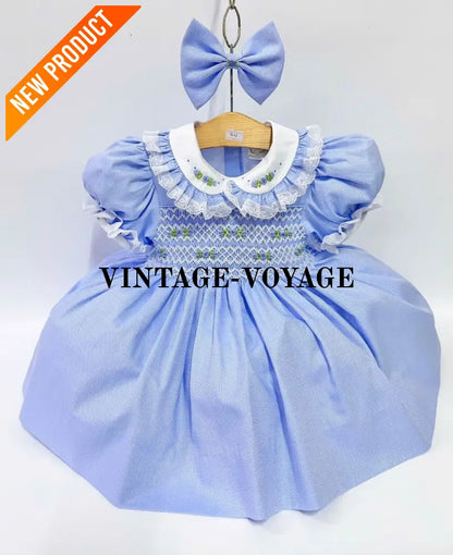 PRE ORDER&GET NEXT WEEK! NEW! ROSEMARY BLUE HAND SMOCKED DRESS & HAIR BOWS 6M Baby & Toddler Dresses