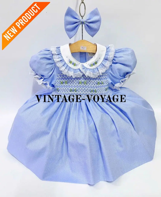 PRE ORDER&GET NEXT WEEK! NEW! ROSEMARY BLUE HAND SMOCKED DRESS & HAIR BOWS 6M Baby & Toddler Dresses