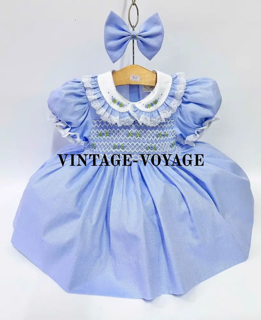 PRE ORDER&GET NEXT WEEK! NEW! ROSEMARY BLUE HAND SMOCKED DRESS & HAIR BOWS 6M Baby & Toddler Dresses