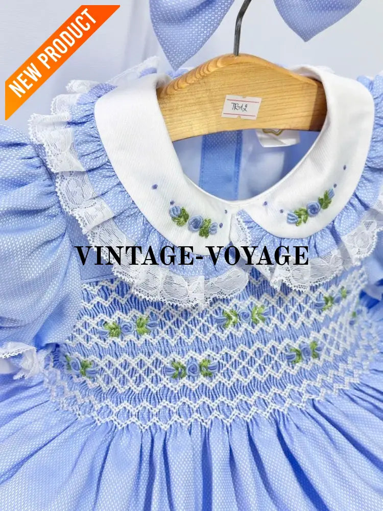 PRE ORDER&GET NEXT WEEK! NEW! ROSEMARY BLUE HAND SMOCKED DRESS & HAIR BOWS Baby & Toddler Dresses