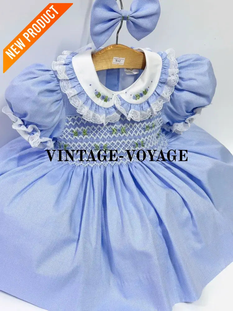 PRE ORDER&GET NEXT WEEK! NEW! ROSEMARY BLUE HAND SMOCKED DRESS & HAIR BOWS Baby & Toddler Dresses