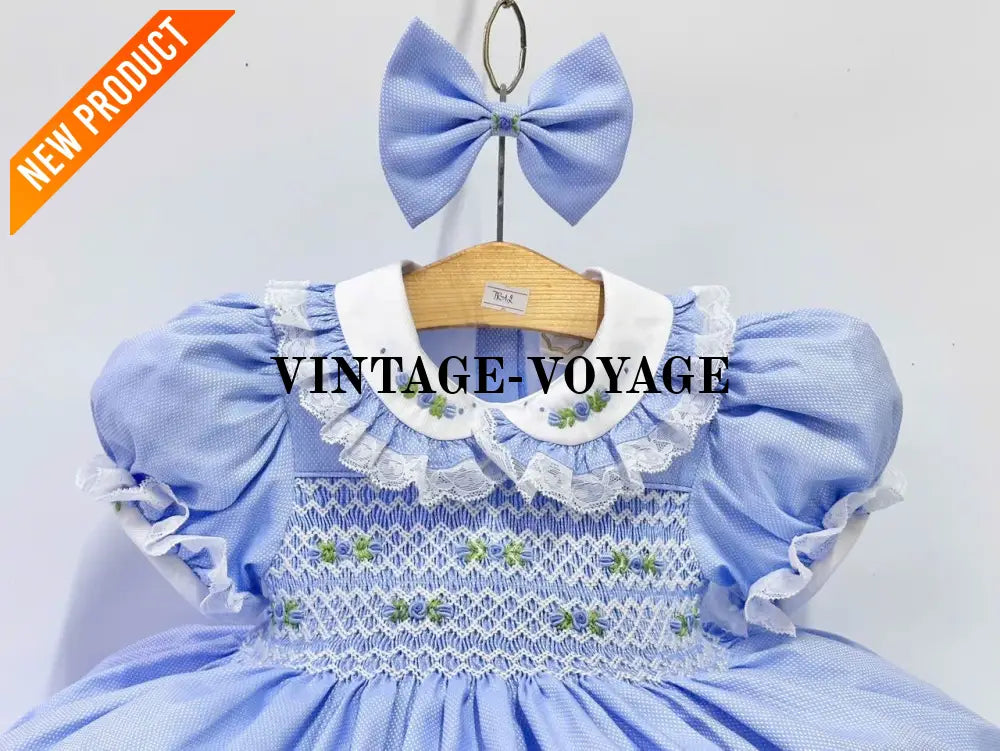 PRE ORDER&GET NEXT WEEK! NEW! ROSEMARY BLUE HAND SMOCKED DRESS & HAIR BOWS Baby & Toddler Dresses