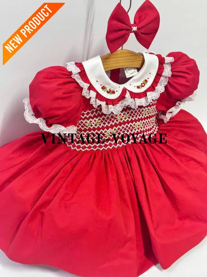 PRE ORDER&GET NEXT WEEK! NEW! ROSEMARY RED HAND SMOCKED DRESS & HAIR BOWS Baby & Toddler Dresses