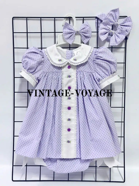 PRE-ORDER NOW & GET IT NEXT WEEK‼️NEW SEASON🍁AUGUSTA LILAC🪻HAND-EMBROODERED🧵🪡DAY DRESS BLOOMERS & HAIR ACCESSORIES🎀🎀
