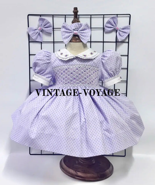 PRE-ORDER NOW & GET IT NEXT WEEK‼️NEW SEASON🍁AUGUSTA HAND-SMOCKED🧵🪡 LILAC🩵DRESS & HAIR BOWS🎀 6M Baby & Toddler Dresses