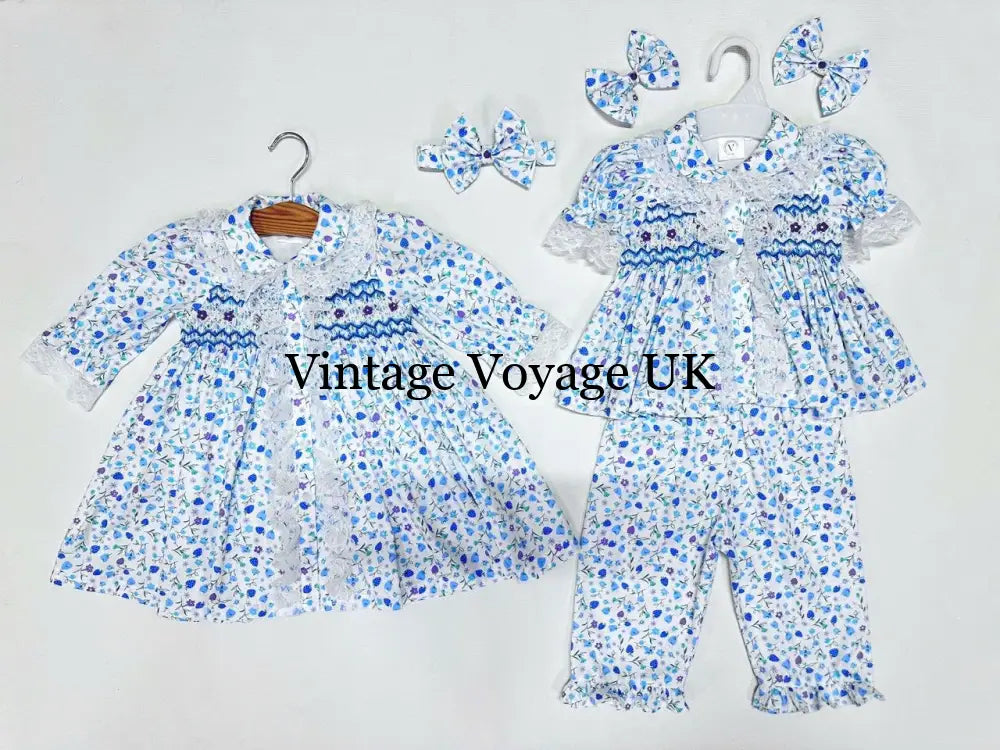 PRE-ORDER & GET NEXT WEEK! NEW! SUNNY BLUE FLORAL HAND-SMOCKED PJ & GOWN SET 6 months pyjama set