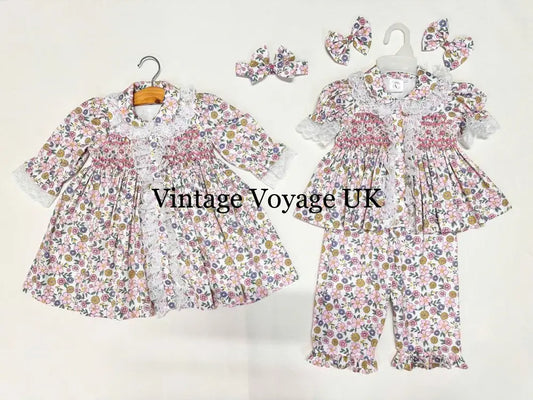 PRE-ORDER & GET NEXT WEEK! NEW! SUNNY PINK FLORAL HAND-SMOCKED PJ & GOWN SET 6 months pyjama set