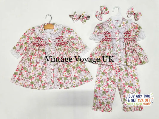 PRE-ORDER & GET NEXT WEEK! NEW! SUNNY STRAWBERRY PRINT HAND-SMOCKED PJ & GOWN SET 6 months pyjama set