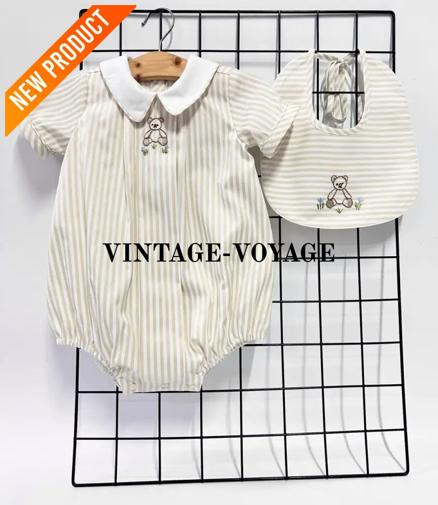 PRE ORDER&GET NEXT WEEK!NEW🤩TEDDY BEIGE STRIPED HAND EMBROIDERED🧵🪡BABY BOYS ROMPER & BIB🦒 NB 1 months Baby & Toddler