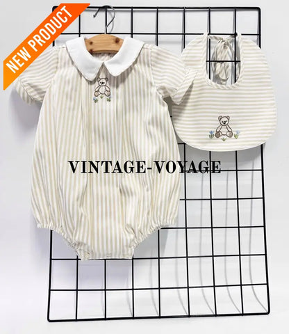 PRE ORDER&GET NEXT WEEK!NEW🤩TEDDY BEIGE STRIPED HAND EMBROIDERED🧵🪡BABY BOYS ROMPER & BIB🦒 NB 1 months Baby & Toddler