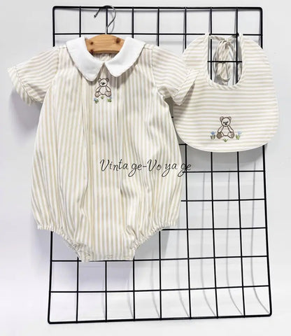 PRE ORDER&GET NEXT WEEK!NEW🤩TEDDY BEIGE STRIPED HAND EMBROIDERED🧵🪡BABY BOYS ROMPER & BIB🦒 NB 1 months Baby & Toddler