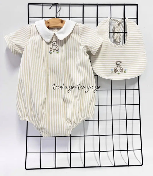 PRE ORDER&GET NEXT WEEK!NEW🤩TEDDY BEIGE STRIPED HAND EMBROIDERED🧵🪡BABY BOYS ROMPER & BIB🦒 NB 1 months Baby & Toddler