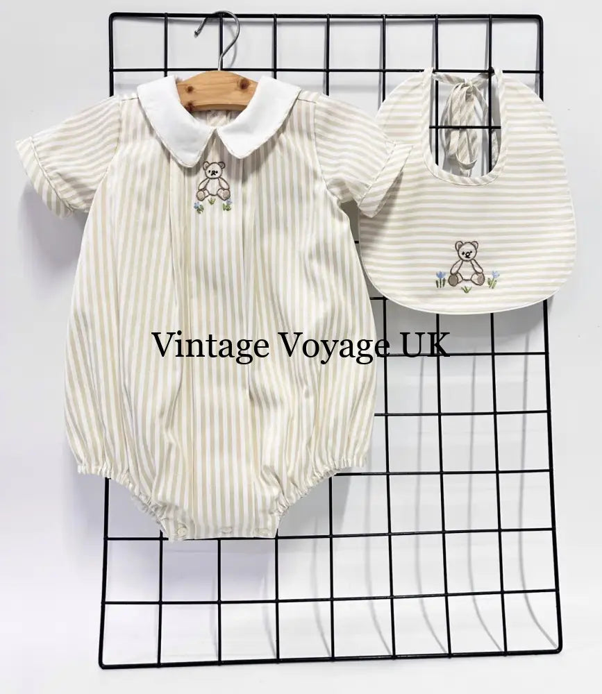 PRE ORDER&GET NEXT WEEK!NEW🤩TEDDY BEIGE STRIPED HAND EMBROIDERED🧵🪡BABY BOYS ROMPER & BIB🦒 NB 1 months Baby & Toddler