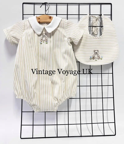 PRE ORDER&GET NEXT WEEK!NEW🤩TEDDY BEIGE STRIPED HAND EMBROIDERED🧵🪡BABY BOYS ROMPER & BIB🦒 NB 1 months Baby & Toddler