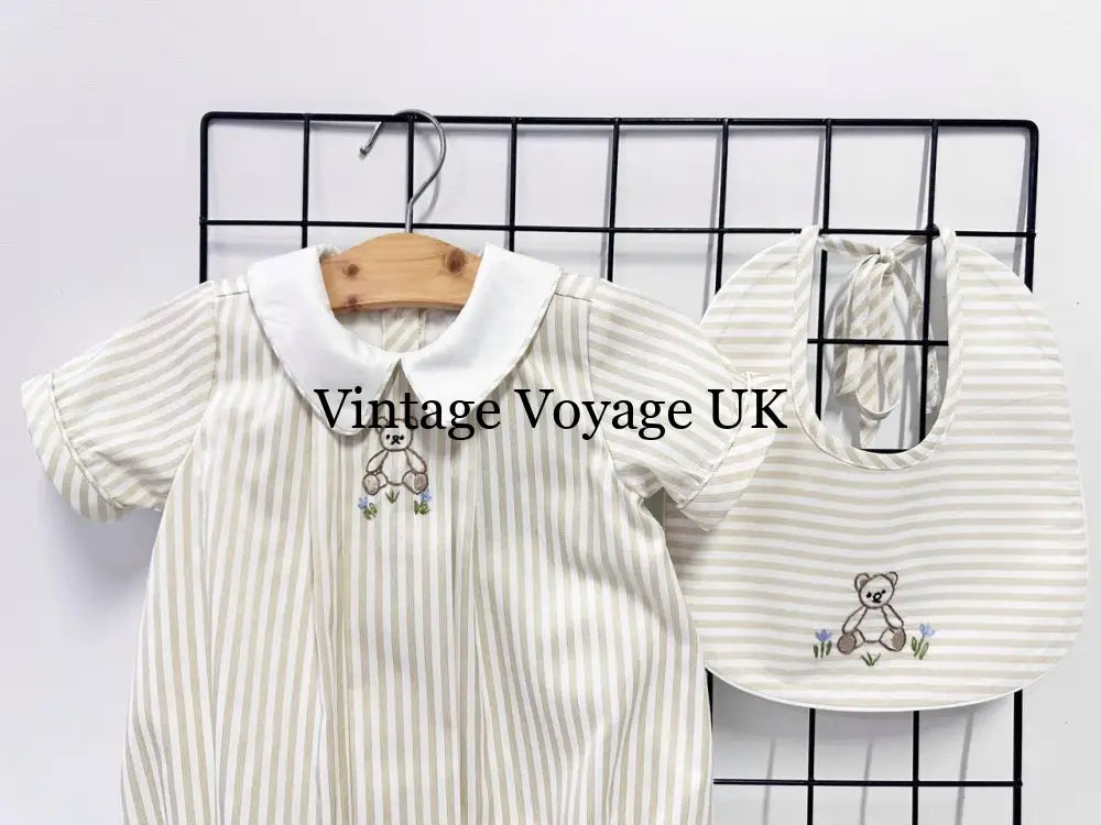 PRE ORDER&GET NEXT WEEK!NEW🤩TEDDY BEIGE STRIPED HAND EMBROIDERED🧵🪡BABY BOYS ROMPER & BIB🦒 Baby & Toddler Outfits