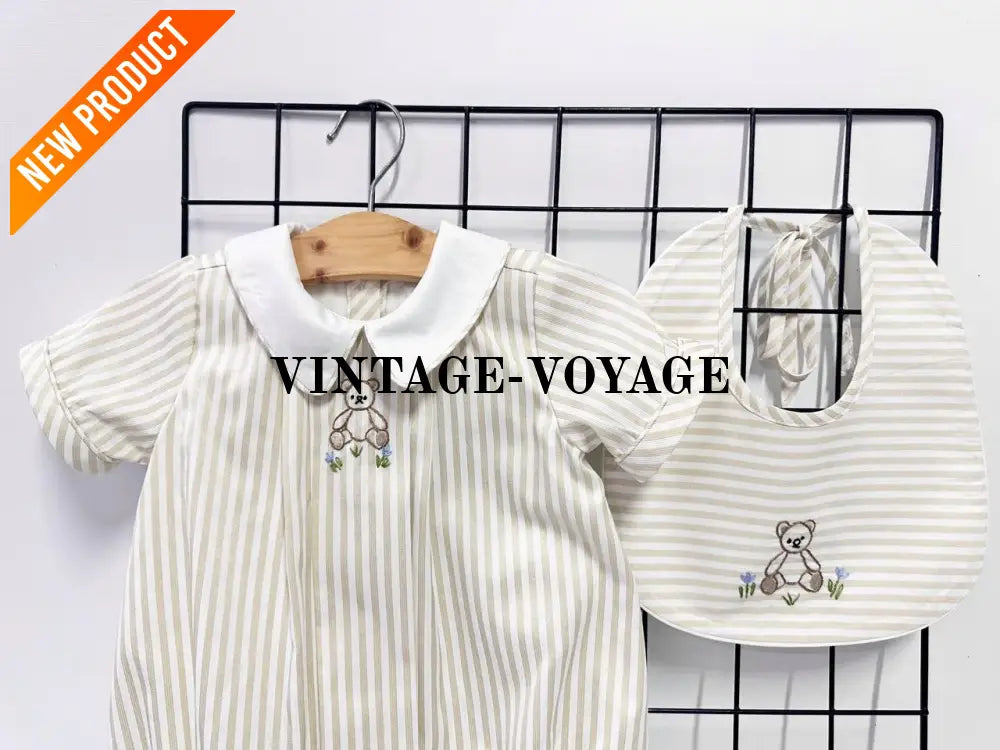 PRE ORDER&GET NEXT WEEK!NEW🤩TEDDY BEIGE STRIPED HAND EMBROIDERED🧵🪡BABY BOYS ROMPER & BIB🦒 Baby & Toddler Outfits