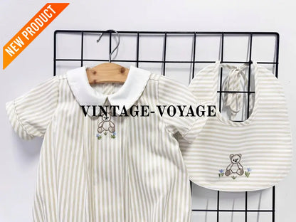 PRE ORDER&GET NEXT WEEK!NEW🤩TEDDY BEIGE STRIPED HAND EMBROIDERED🧵🪡BABY BOYS ROMPER & BIB🦒 Baby & Toddler Outfits