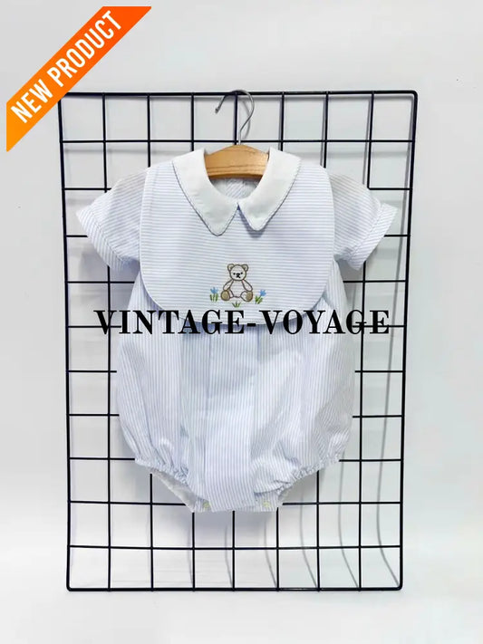 PRE ORDER&GET NEXT WEEK!NEW🤩TEDDY BLUE STRIPED HAND EMBROIDERED🧵🪡BABY BOYS ROMPER & BIB🦒 NB 1months Baby & Toddler