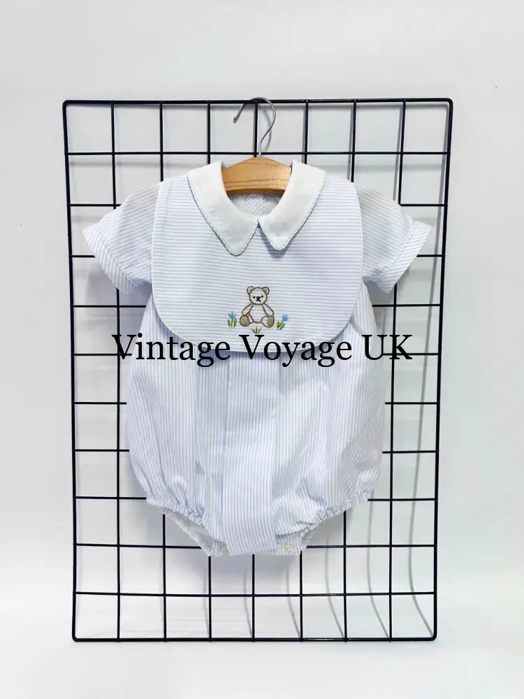 PRE ORDER&GET NEXT WEEK!NEW🤩TEDDY BLUE STRIPED HAND EMBROIDERED🧵🪡BABY BOYS ROMPER & BIB🦒 NB 1months Baby & Toddler