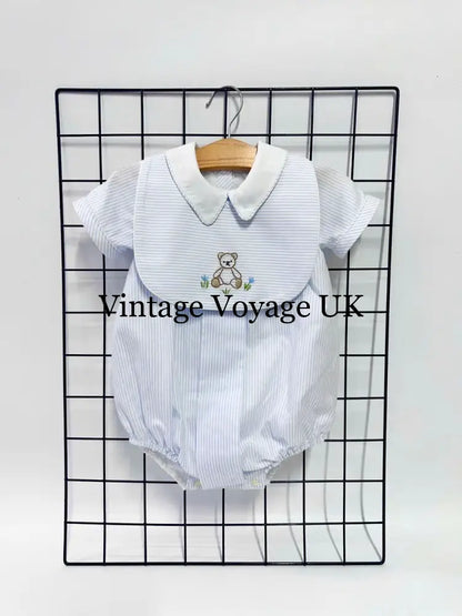 PRE ORDER&GET NEXT WEEK!NEW🤩TEDDY BLUE STRIPED HAND EMBROIDERED🧵🪡BABY BOYS ROMPER & BIB🦒 NB 1months Baby & Toddler