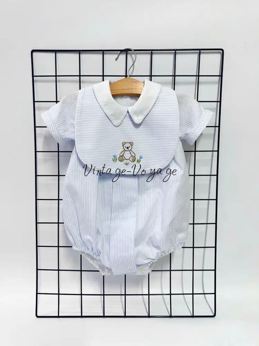 PRE ORDER&GET NEXT WEEK!NEW🤩TEDDY BLUE STRIPED HAND EMBROIDERED🧵🪡BABY BOYS ROMPER & BIB🦒 NB 1months Baby & Toddler