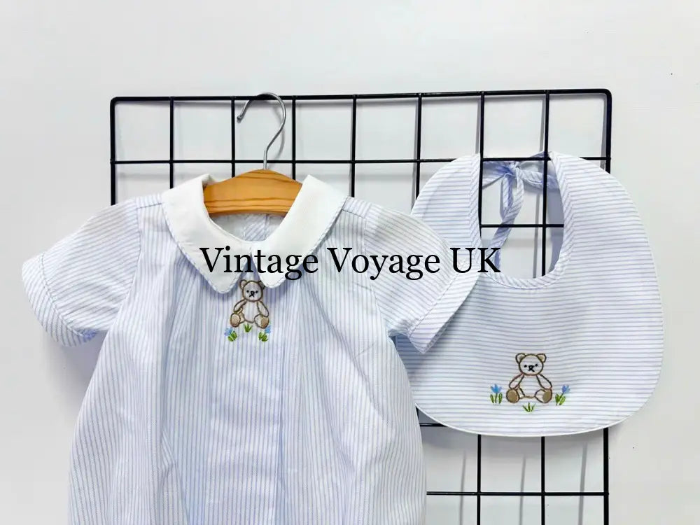 PRE ORDER&GET NEXT WEEK!NEW🤩TEDDY BLUE STRIPED HAND EMBROIDERED🧵🪡BABY BOYS ROMPER & BIB🦒 Baby & Toddler Outfits