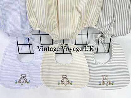 PRE ORDER&GET NEXT WEEK!NEW🤩TEDDY BLUE STRIPED HAND EMBROIDERED🧵🪡BABY BOYS ROMPER & BIB🦒 Baby & Toddler Outfits