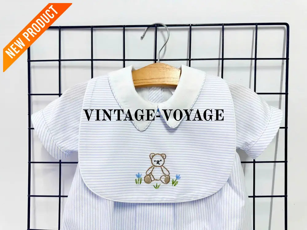 PRE ORDER&GET NEXT WEEK!NEW🤩TEDDY BLUE STRIPED HAND EMBROIDERED🧵🪡BABY BOYS ROMPER & BIB🦒 Baby & Toddler Outfits