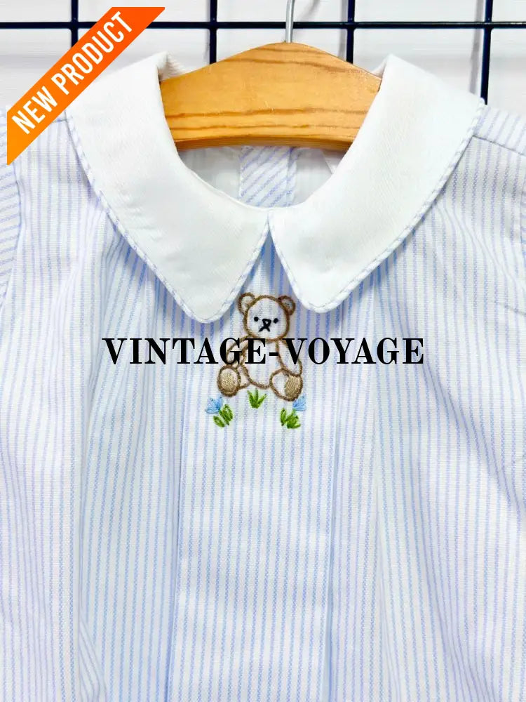 PRE ORDER&GET NEXT WEEK!NEW🤩TEDDY BLUE STRIPED HAND EMBROIDERED🧵🪡BABY BOYS ROMPER & BIB🦒 Baby & Toddler Outfits