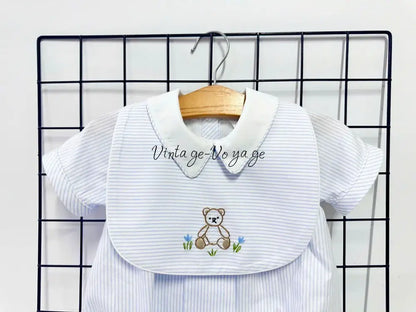 PRE ORDER&GET NEXT WEEK!NEW🤩TEDDY BLUE STRIPED HAND EMBROIDERED🧵🪡BABY BOYS ROMPER & BIB🦒 Baby & Toddler Outfits