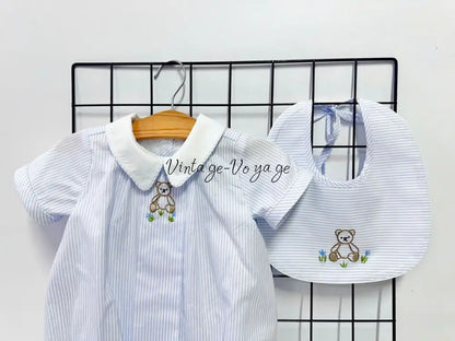 PRE ORDER&GET NEXT WEEK!NEW🤩TEDDY BLUE STRIPED HAND EMBROIDERED🧵🪡BABY BOYS ROMPER & BIB🦒 Baby & Toddler Outfits