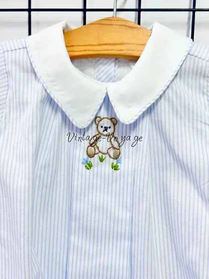 PRE ORDER&GET NEXT WEEK!NEW🤩TEDDY BLUE STRIPED HAND EMBROIDERED🧵🪡BABY BOYS ROMPER & BIB🦒 Baby & Toddler Outfits