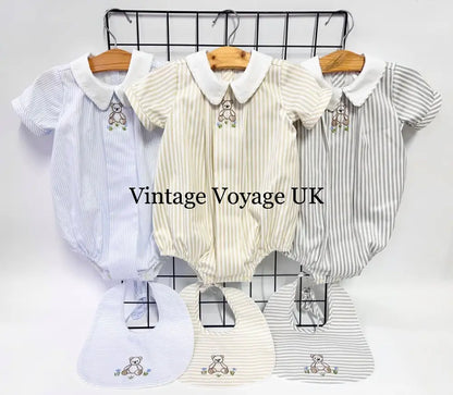 PRE ORDER&GET NEXT WEEK!NEW🤩TEDDY BLUE STRIPED HAND EMBROIDERED🧵🪡BABY BOYS ROMPER & BIB🦒 Baby & Toddler Outfits
