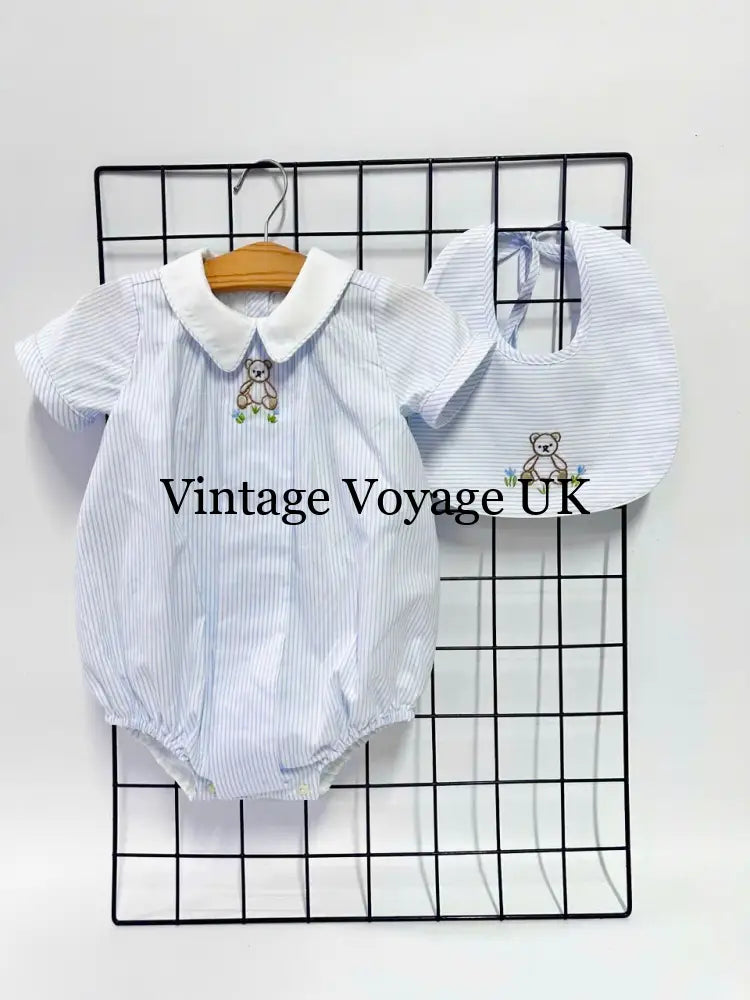 PRE ORDER&GET NEXT WEEK!NEW🤩TEDDY BLUE STRIPED HAND EMBROIDERED🧵🪡BABY BOYS ROMPER & BIB🦒 Baby & Toddler Outfits