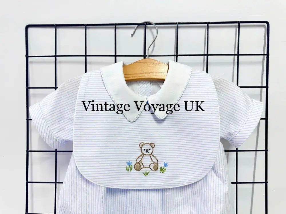 PRE ORDER&GET NEXT WEEK!NEW🤩TEDDY BLUE STRIPED HAND EMBROIDERED🧵🪡BABY BOYS ROMPER & BIB🦒 Baby & Toddler Outfits