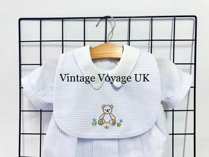 PRE ORDER&GET NEXT WEEK!NEW🤩TEDDY BLUE STRIPED HAND EMBROIDERED🧵🪡BABY BOYS ROMPER & BIB🦒 Baby & Toddler Outfits