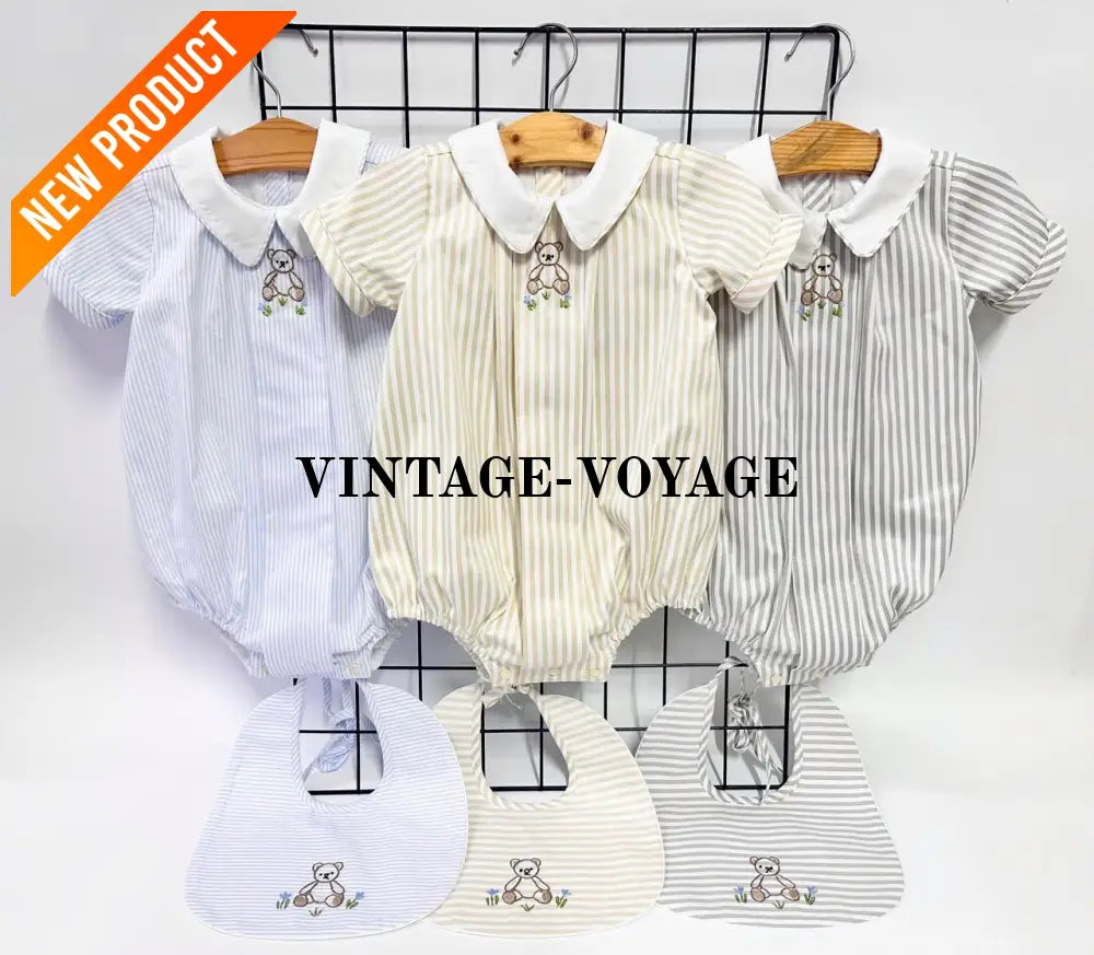 PRE ORDER&GET NEXT WEEK!NEW🤩TEDDY BLUE STRIPED HAND EMBROIDERED🧵🪡BABY BOYS ROMPER & BIB🦒 Baby & Toddler Outfits