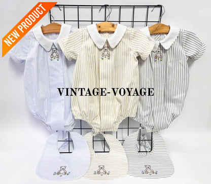PRE ORDER&GET NEXT WEEK!NEW🤩TEDDY BLUE STRIPED HAND EMBROIDERED🧵🪡BABY BOYS ROMPER & BIB🦒 Baby & Toddler Outfits