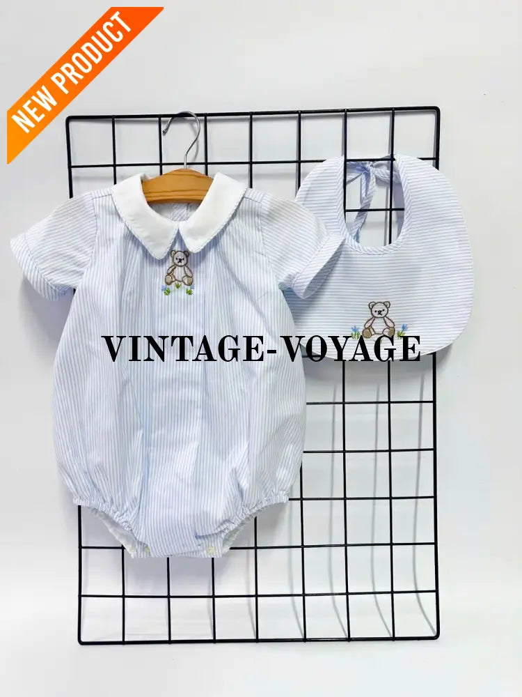 PRE ORDER&GET NEXT WEEK!NEW🤩TEDDY BLUE STRIPED HAND EMBROIDERED🧵🪡BABY BOYS ROMPER & BIB🦒 Baby & Toddler Outfits