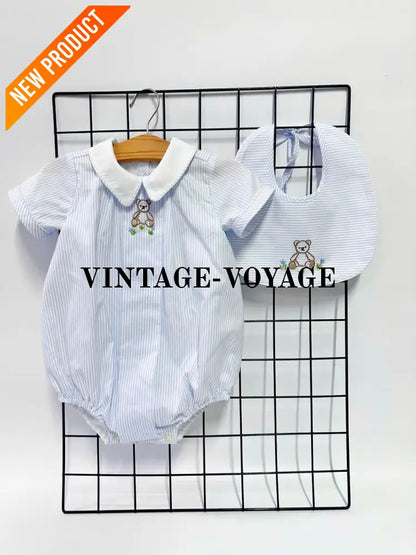 PRE ORDER&GET NEXT WEEK!NEW🤩TEDDY BLUE STRIPED HAND EMBROIDERED🧵🪡BABY BOYS ROMPER & BIB🦒 Baby & Toddler Outfits