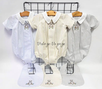 PRE ORDER&GET NEXT WEEK!NEW🤩TEDDY BLUE STRIPED HAND EMBROIDERED🧵🪡BABY BOYS ROMPER & BIB🦒 Baby & Toddler Outfits