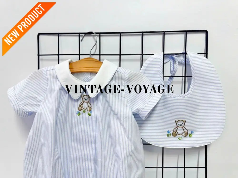 PRE ORDER&GET NEXT WEEK!NEW🤩TEDDY BLUE STRIPED HAND EMBROIDERED🧵🪡BABY BOYS ROMPER & BIB🦒 Baby & Toddler Outfits