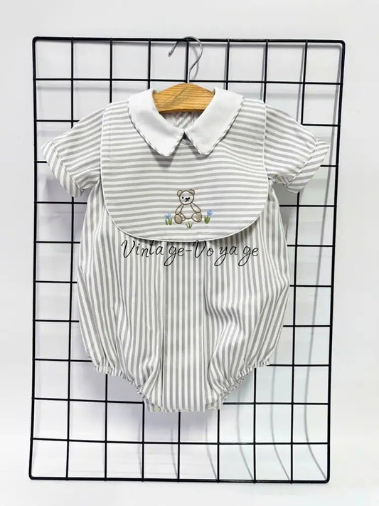 PRE ORDER&GET NEXT WEEK!NEW🤩TEDDY SILVER/GREY STRIPED HAND EMBROIDERED🧵🪡BABY BOYS ROMPER & BIB🦒 NB 1 months Baby &