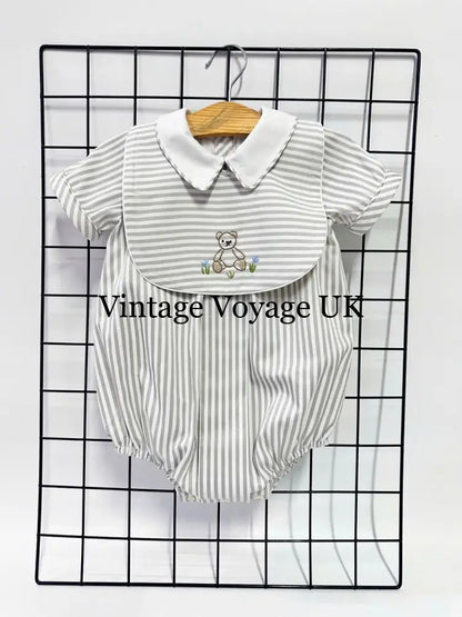 PRE ORDER&GET NEXT WEEK!NEW🤩TEDDY SILVER/GREY STRIPED HAND EMBROIDERED🧵🪡BABY BOYS ROMPER & BIB🦒 NB 1 months Baby &