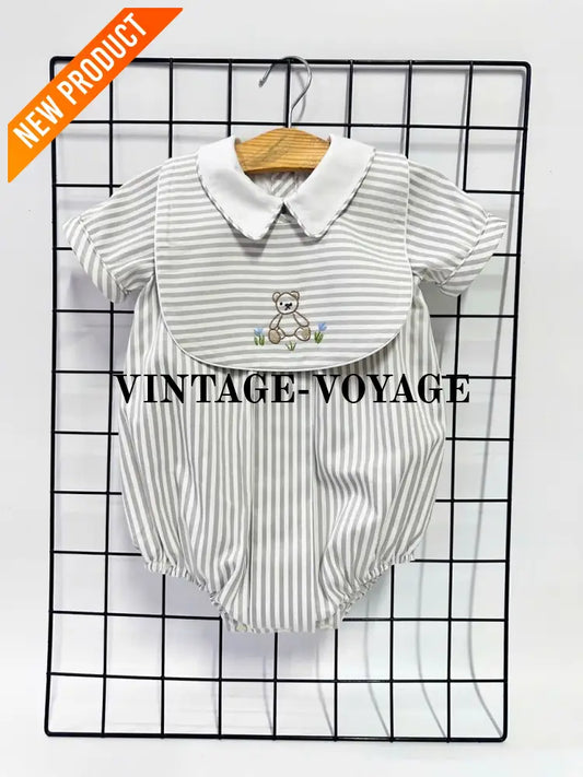 PRE ORDER&GET NEXT WEEK!NEW🤩TEDDY SILVER/GREY STRIPED HAND EMBROIDERED🧵🪡BABY BOYS ROMPER & BIB🦒 NB 1 months Baby &